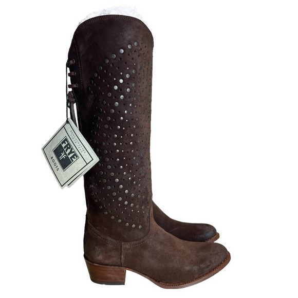 Frye Deborah Lace Back Brown Leather Studded Western Boots Size 8 Fit 7 - Picture 1 of 12